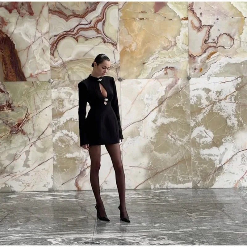 Black Hollowed-Out Mini A-line Long-Sleeved Dress