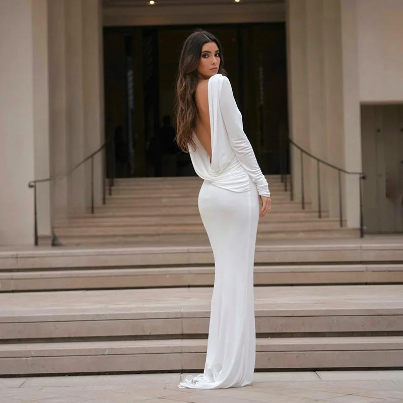 2025 New Backless Dress Long Skirt Slim Fit Long-Sleeved