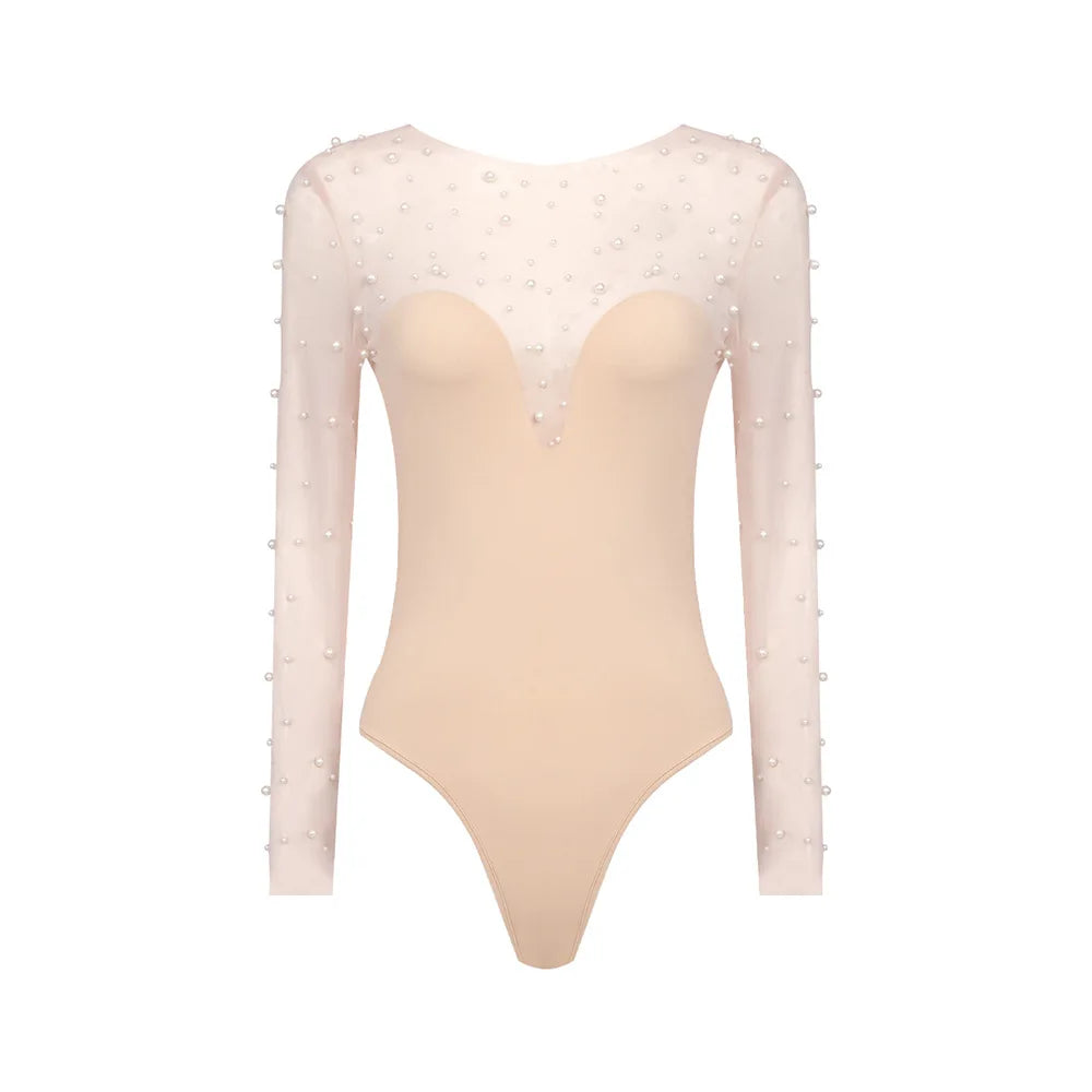 Luxury Long Sleeve Pearl White Bodycon Set Jumpsuit