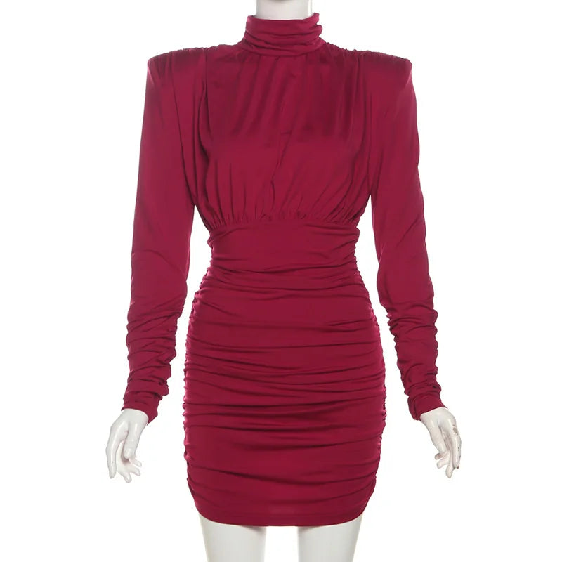 High Neck Pleated Waist Slim Bodycon Long Sleeve Dress
