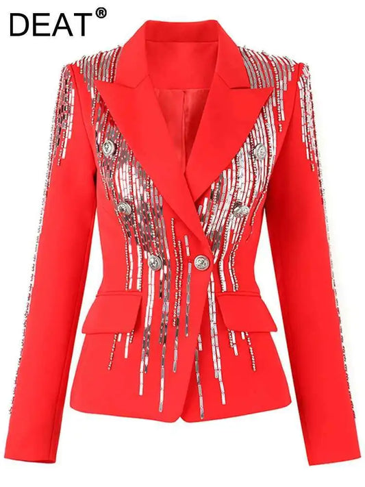 New Notched Slim Sequins Rivet Double-Breasted Long Sleeve Blazer