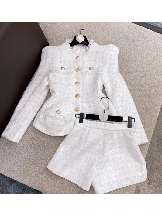 New 2025 New Designer Suit Set Gold Buttons Tweed Jacket Shorts Set