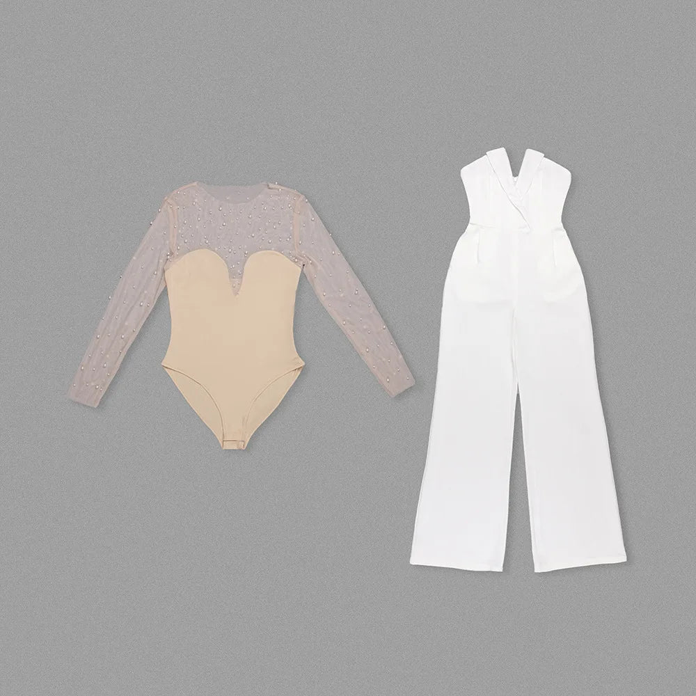 Luxury Long Sleeve Pearl White Bodycon Set Jumpsuit