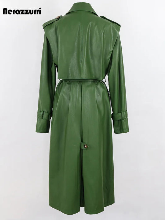 Nerazzurri Long Cool Green Leather Trench Coat