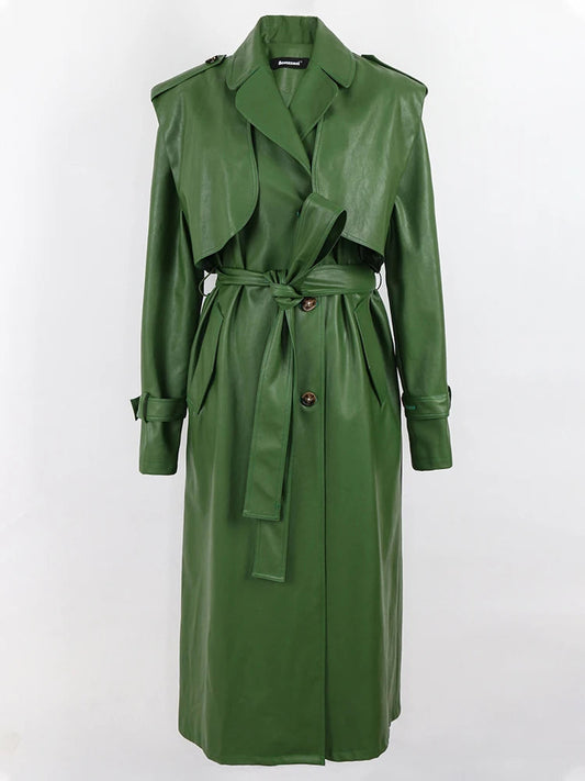 Nerazzurri Long Cool Green Leather Trench Coat