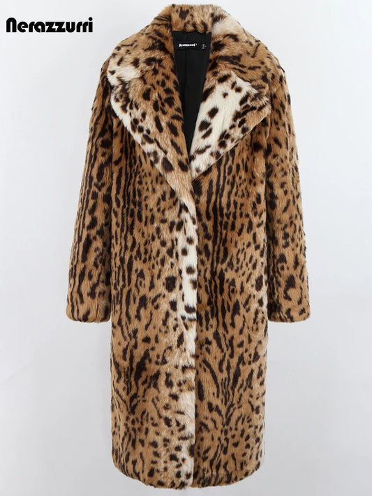 Nerazzurri Winter Long Loose Luxury Leopard Print Faux Fur Coat