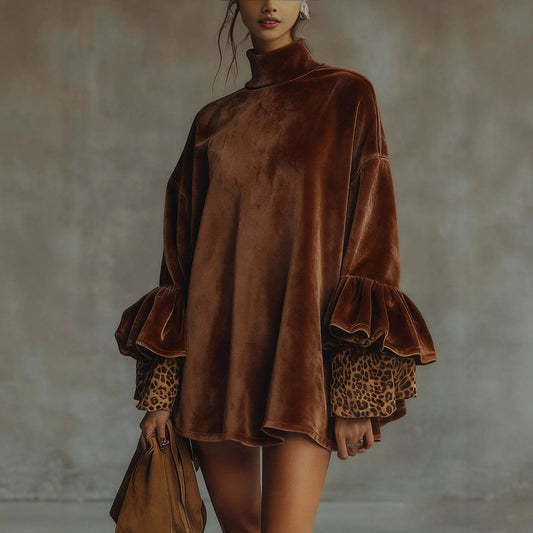 American Retro Velvet Leopard Flare Sleeve Straight Dress
