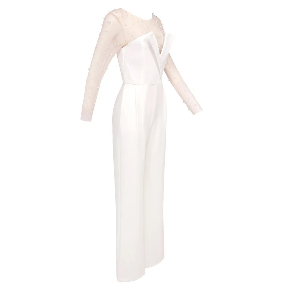Luxury Long Sleeve Pearl White Bodycon Set Jumpsuit