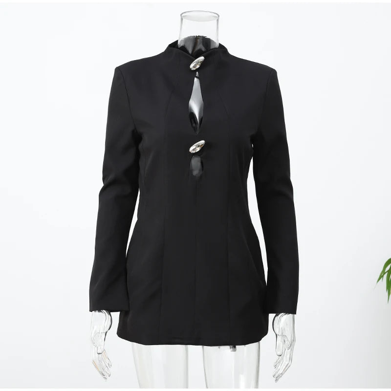 Black Hollowed-Out Mini A-line Long-Sleeved Dress