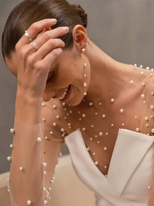 Luxury Long Sleeve Pearl White Bodycon Set Jumpsuit