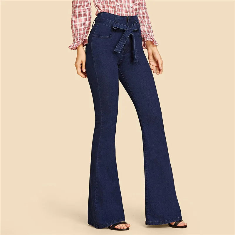 Blue Tie Waist Flare Jeans Slim Denim