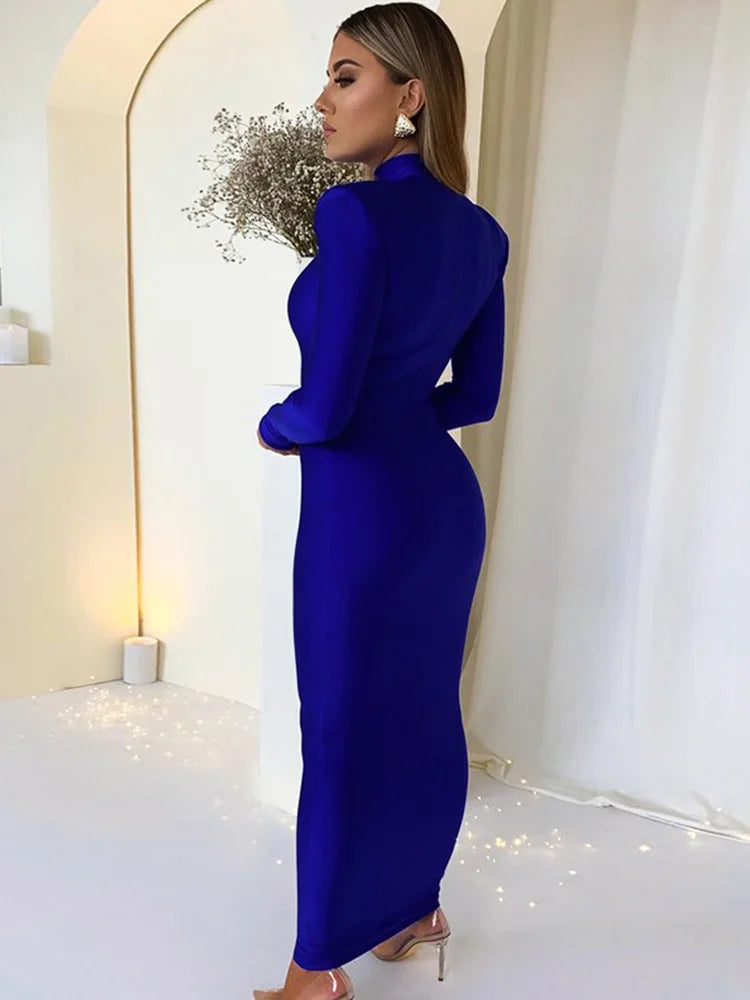 Shoulder Padded Long Sleeve Bodycon Maxi