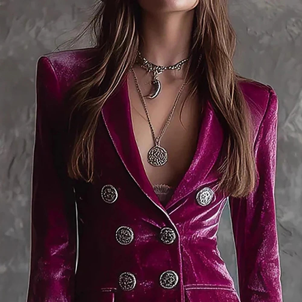 Velvet Satin Double-Breasted Midi Dress