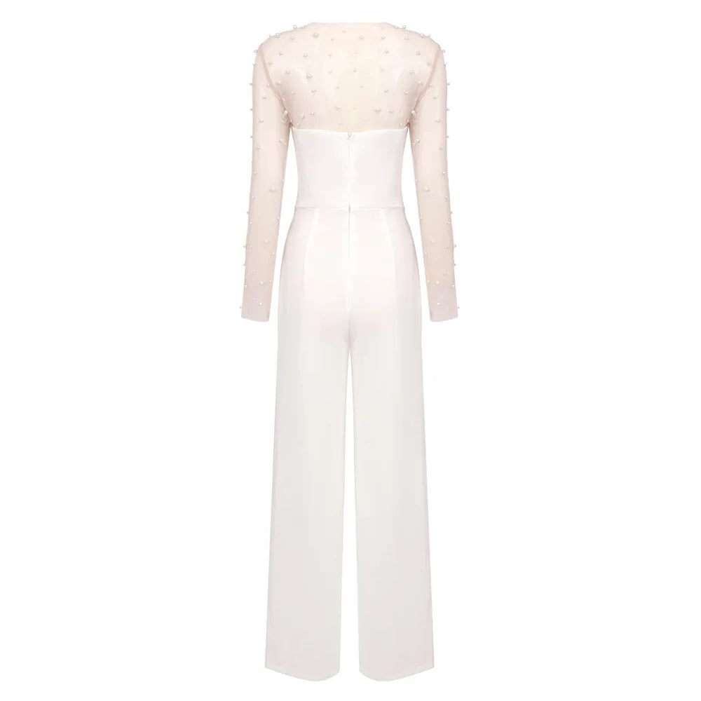 Luxury Long Sleeve Pearl White Bodycon Set Jumpsuit