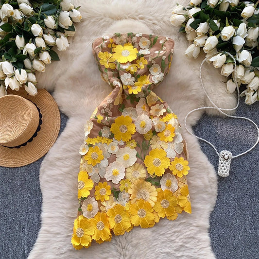 Strapless Flower Embroidery Mini Gown