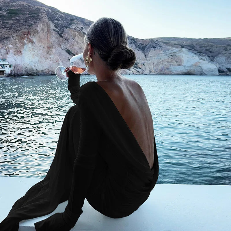 2025 New Backless Dress Long Skirt Slim Fit Long-Sleeved