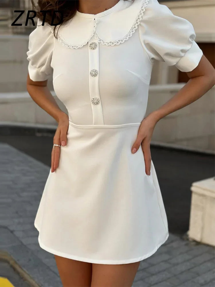 Elegant Collared Short Sleeve Button Doll Dress
