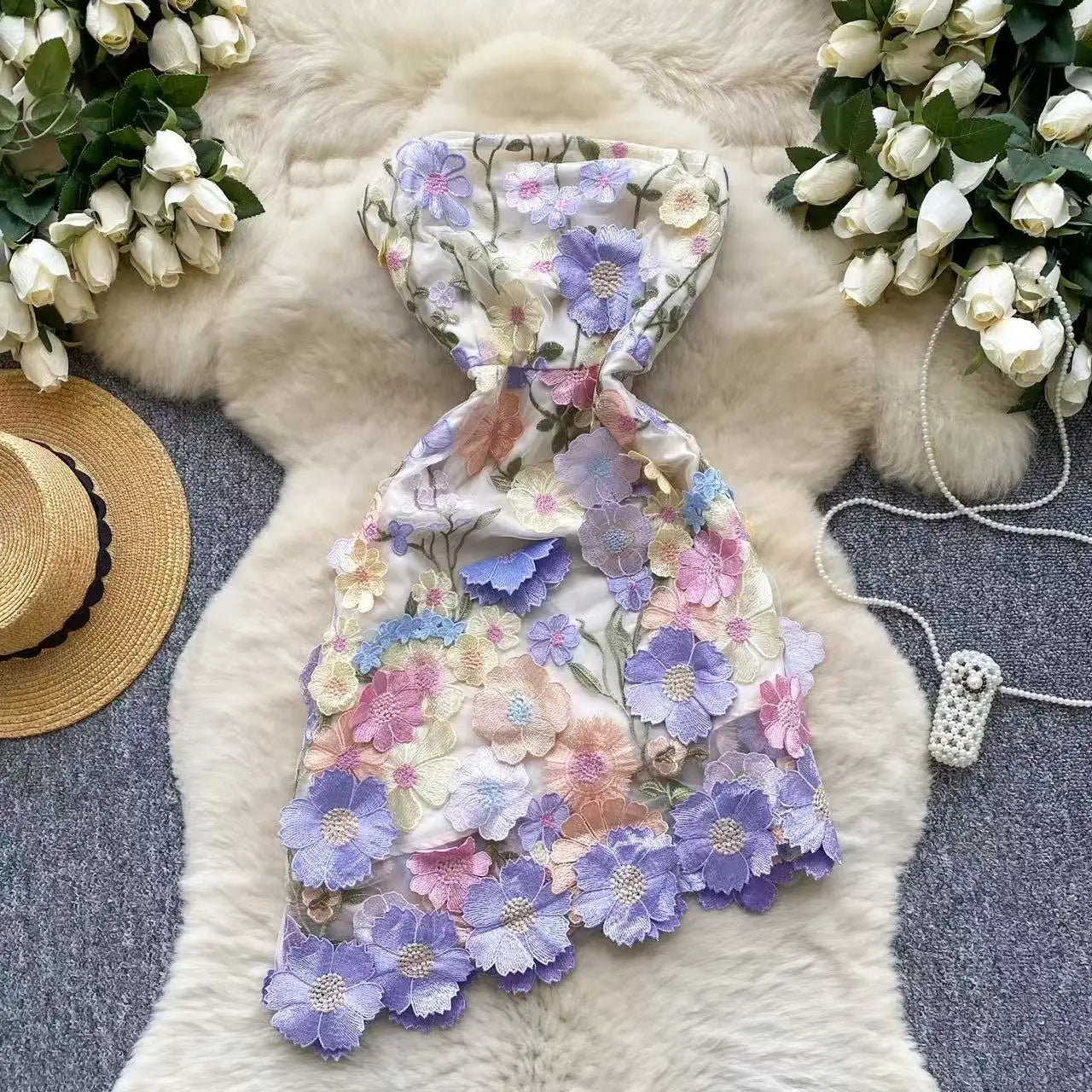 Strapless Flower Embroidery Mini Gown