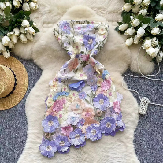 Strapless Flower Embroidery Mini Gown