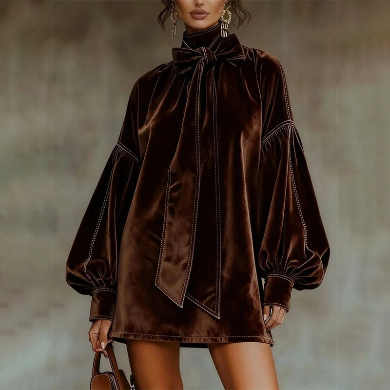 American Retro High Collar Velvet Lantern Sleeve