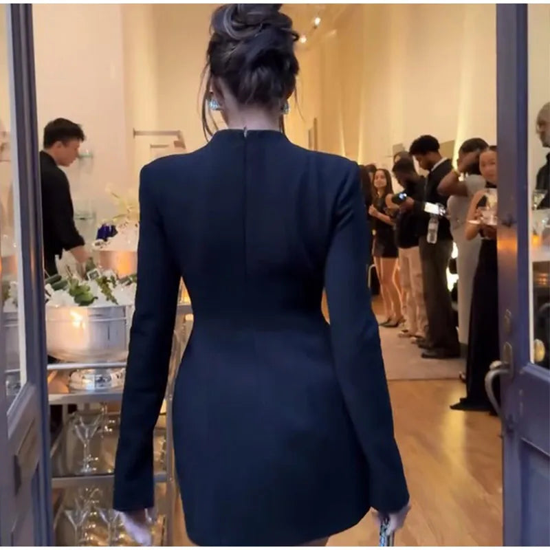 Black Hollowed-Out Mini A-line Long-Sleeved Dress