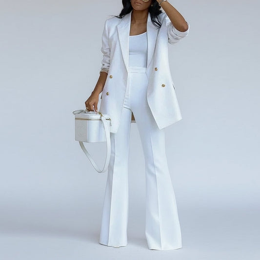 Elegant Double-Breasted Blazers and Straight Flare Pants Suit