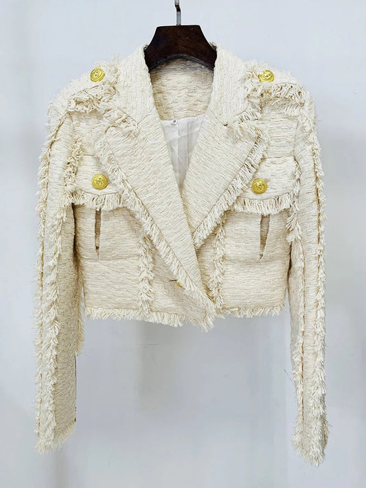 Newest Tassel-Fringed Tweed Trimmed Jacket