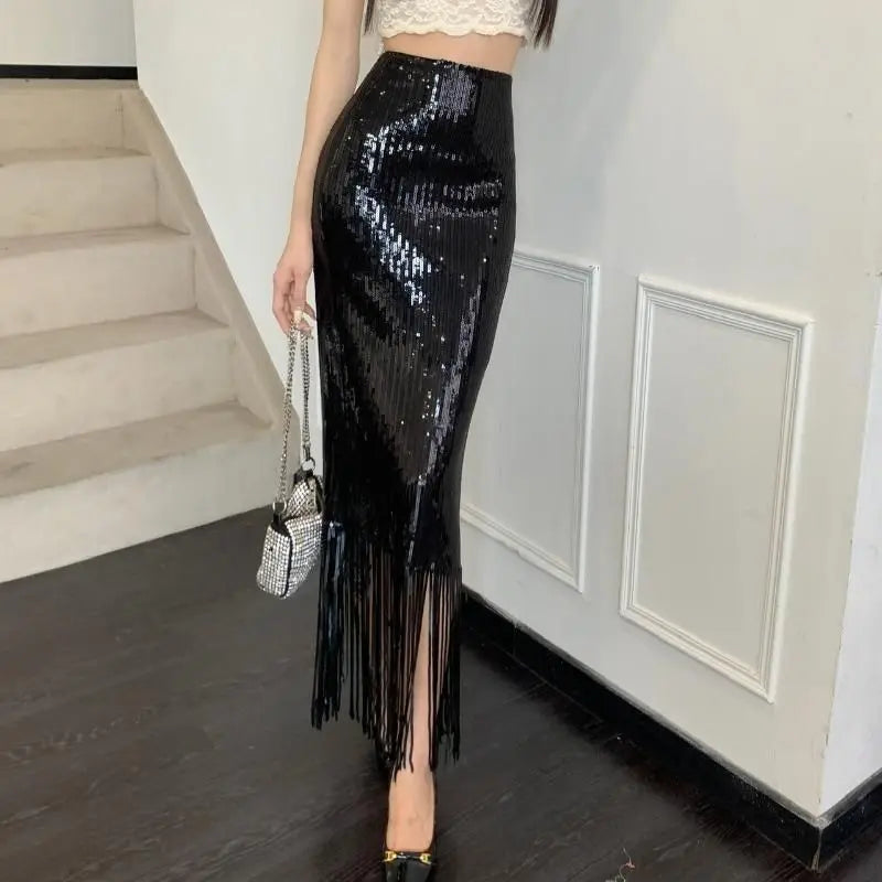 Sequin High-waisted Fringe Skirt