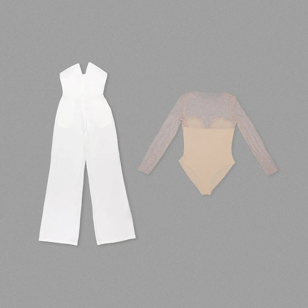 Luxury Long Sleeve Pearl White Bodycon Set Jumpsuit