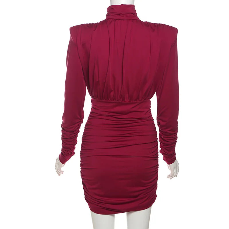High Neck Pleated Waist Slim Bodycon Long Sleeve Dress