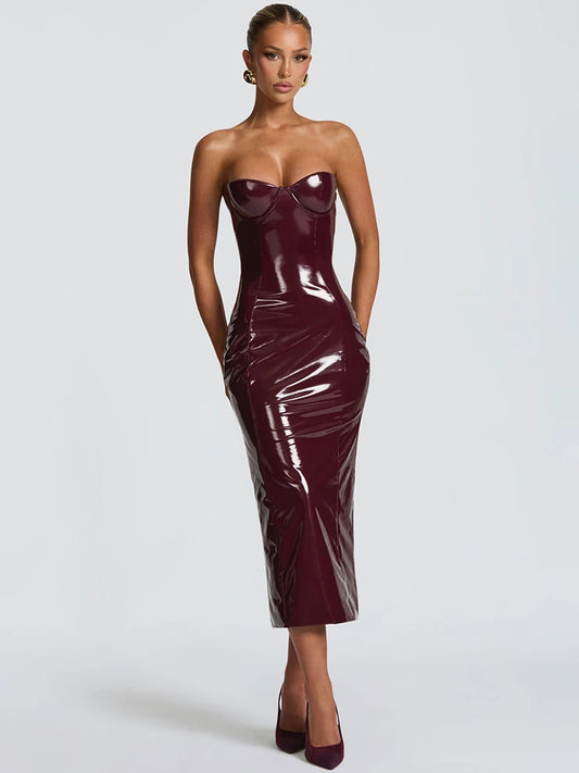 Mozision Leather Strapless Maxi Bodycon Dress