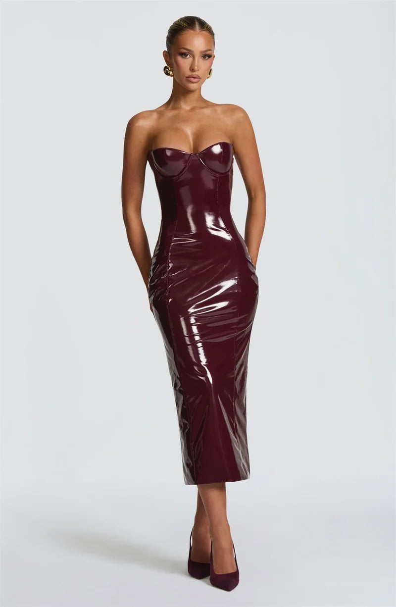 Mozision Leather Strapless Maxi Bodycon Dress