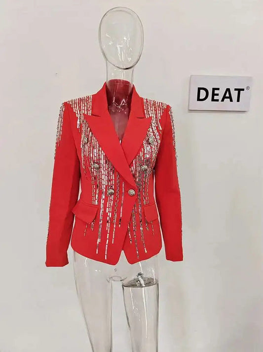 New Notched Slim Sequins Rivet Double-Breasted Long Sleeve Blazer