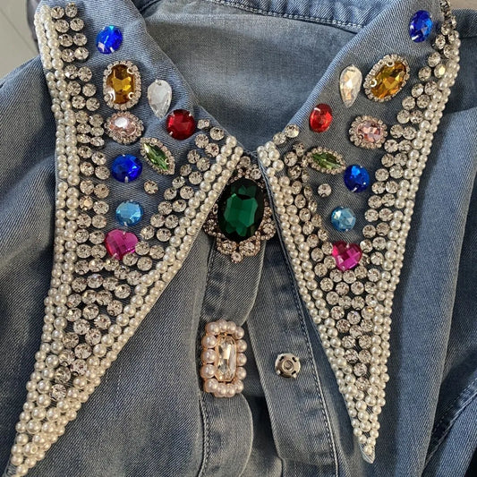 Luxury Diamond Beaded Denim Shirt