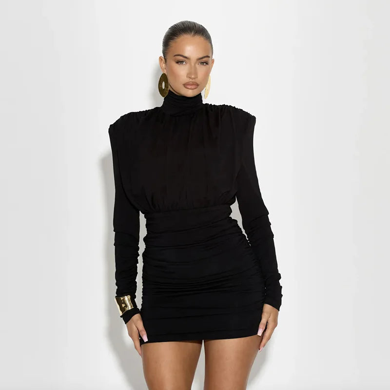 High Neck Pleated Waist Slim Bodycon Long Sleeve Dress