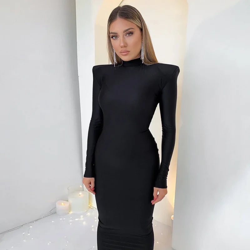 Shoulder Padded Long Sleeve Bodycon Maxi