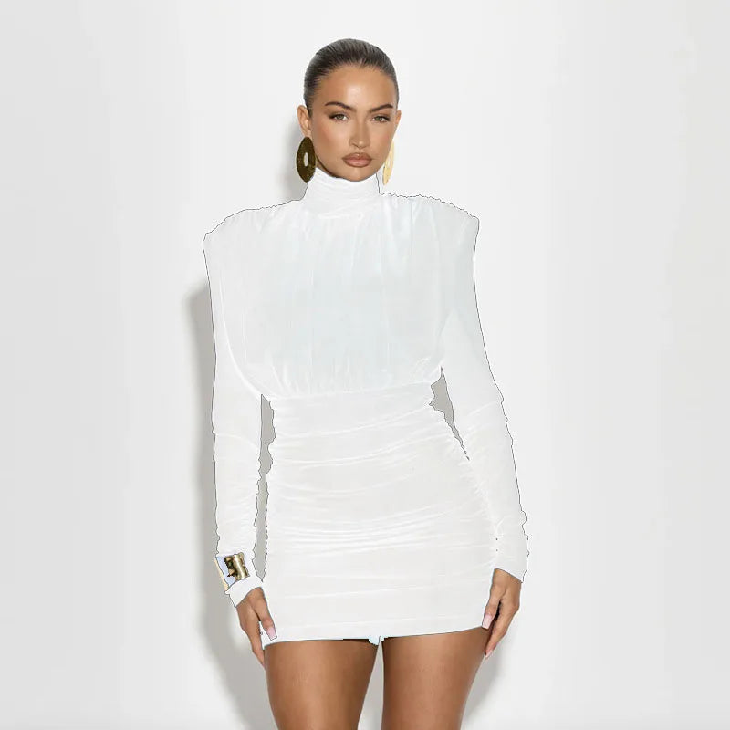 High Neck Pleated Waist Slim Bodycon Long Sleeve Dress