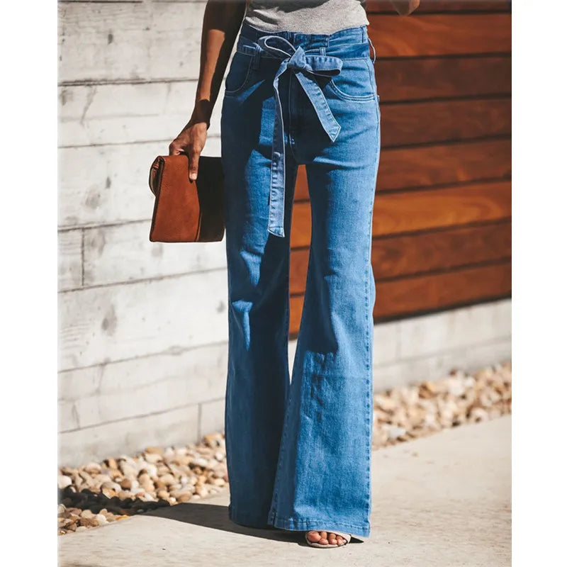 Blue Tie Waist Flare Jeans Slim Denim