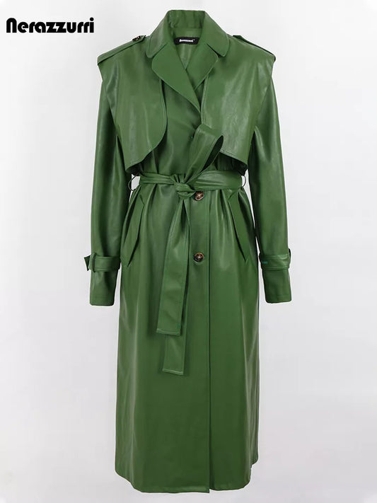 Nerazzurri Long Cool Green Leather Trench Coat