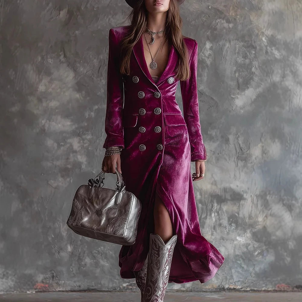 Velvet Satin Double-Breasted Midi Dress