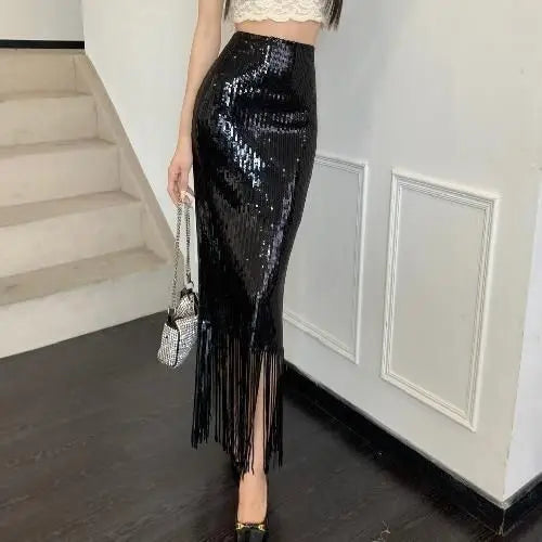 Sequin High-waisted Fringe Skirt
