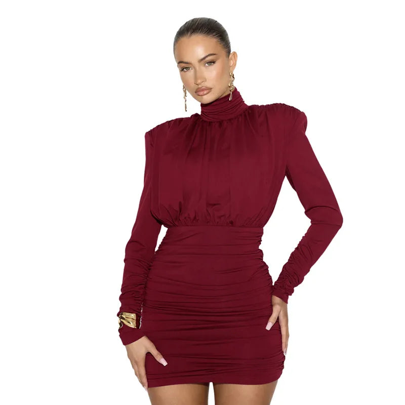 High Neck Pleated Waist Slim Bodycon Long Sleeve Dress