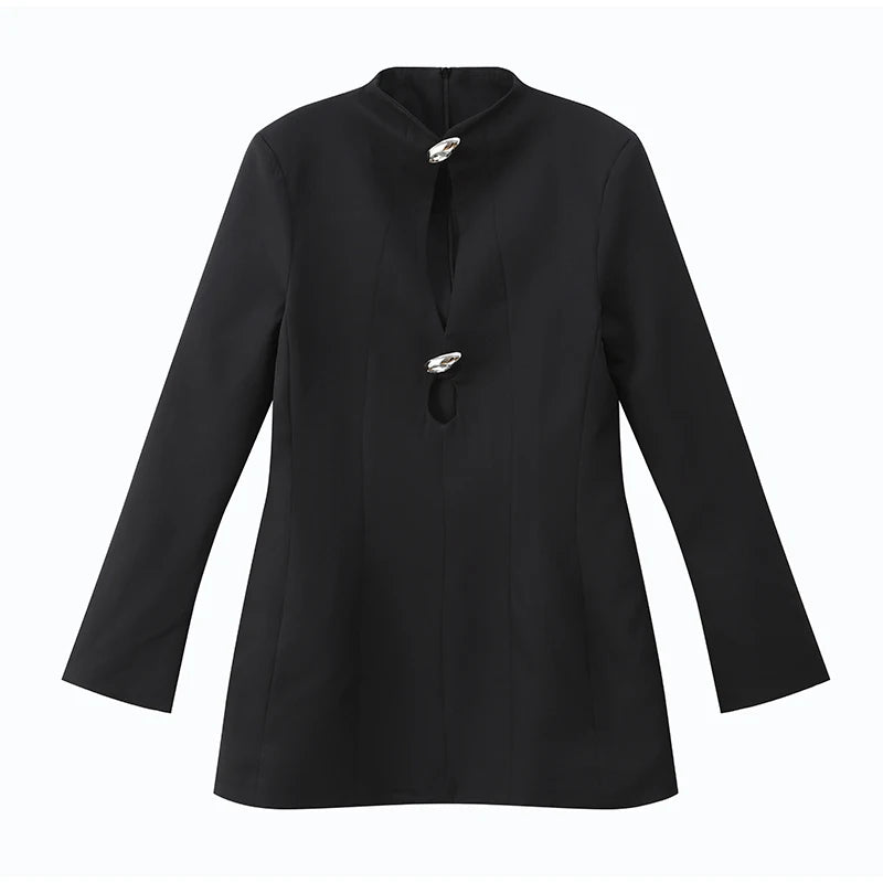 Black Hollowed-Out Mini A-line Long-Sleeved Dress