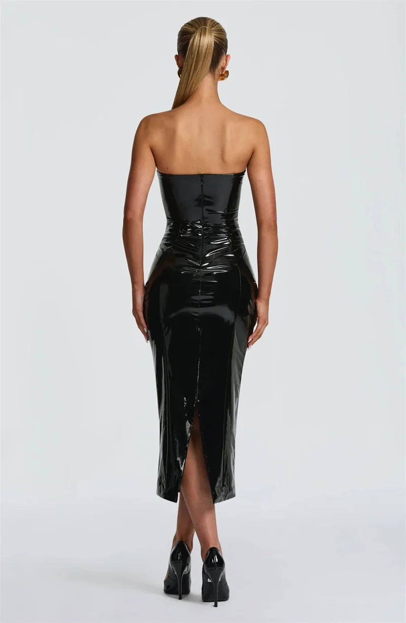 Mozision Leather Strapless Maxi Bodycon Dress