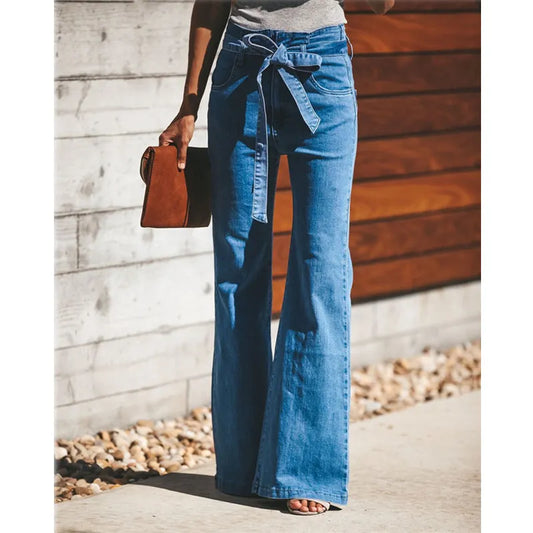 Blue Tie Waist Flare Jeans Slim Denim