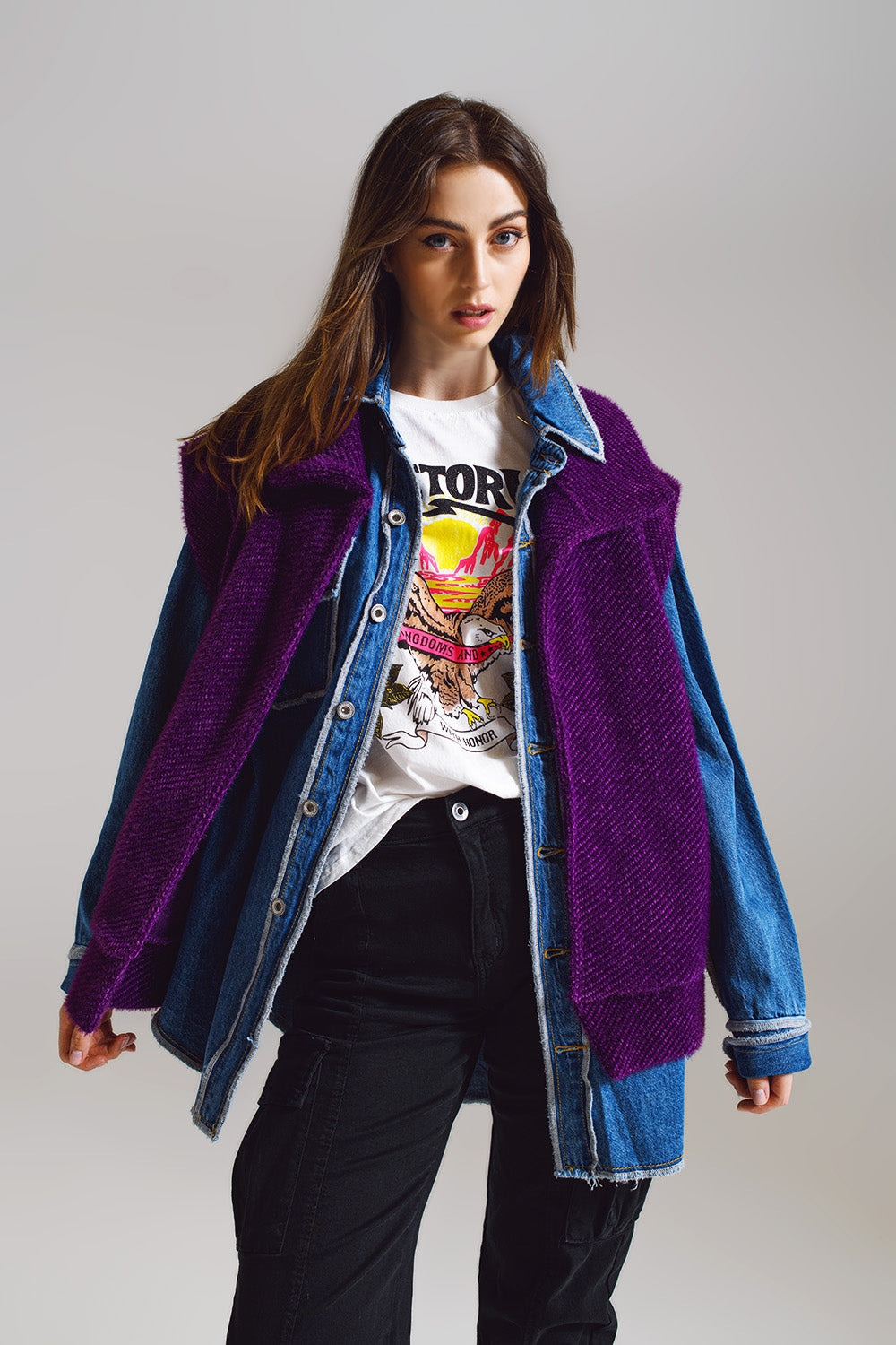 Open Herringbone Gilet With Shawl Style Collar in Purple