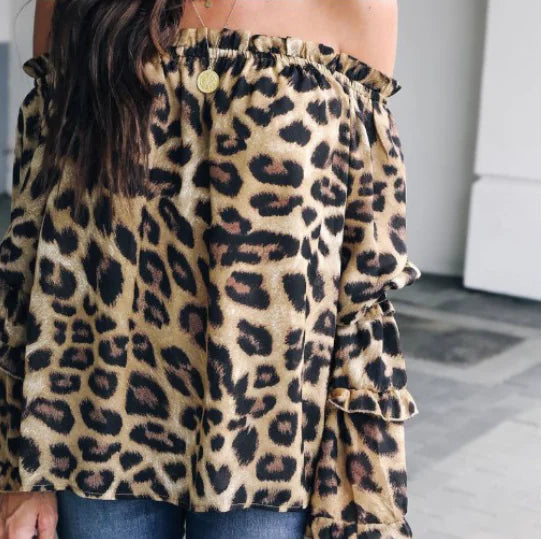 Leopard Print Off-Shoulder Chiffon Blouse