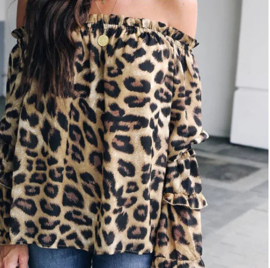 Leopard Print Off-Shoulder Chiffon Blouse