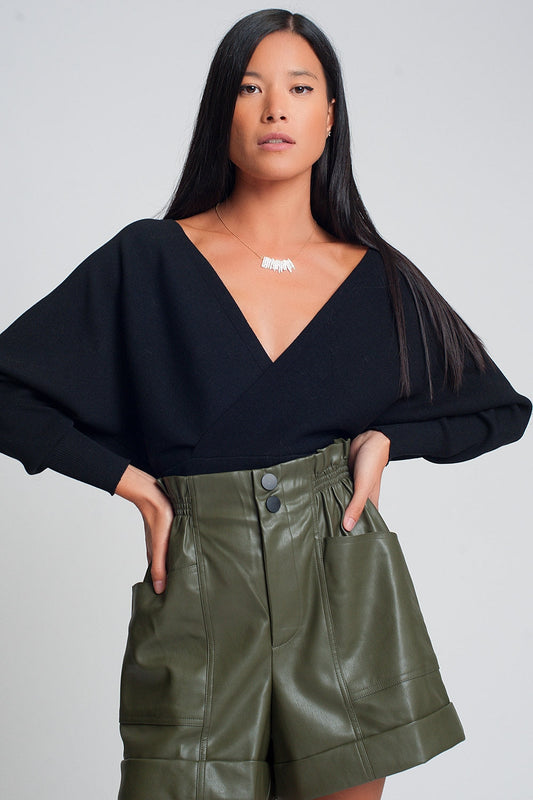 Knitted Sweater With Wrapped V-Neck in Black