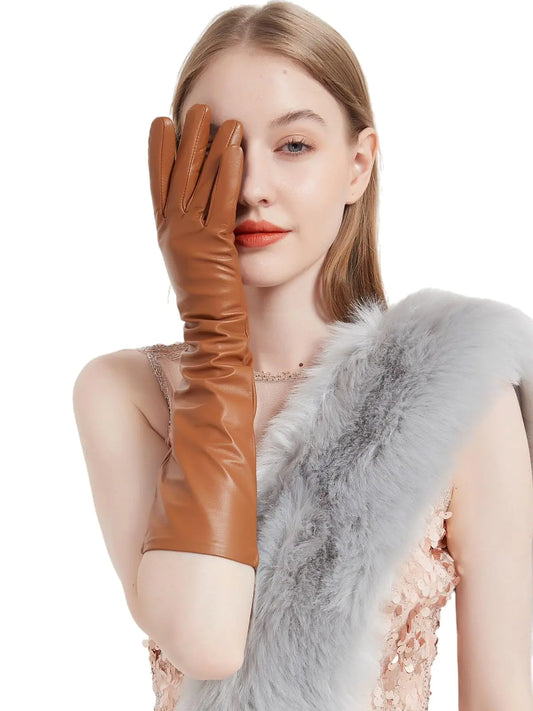 Lambskin Touch Screen Gloves Under Elbow in Caramel